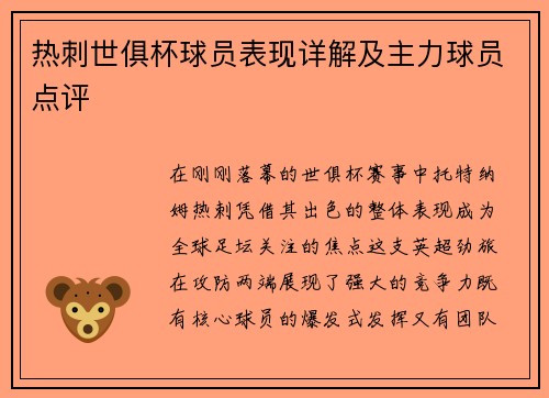 热刺世俱杯球员表现详解及主力球员点评