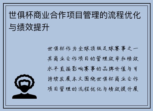 世俱杯商业合作项目管理的流程优化与绩效提升