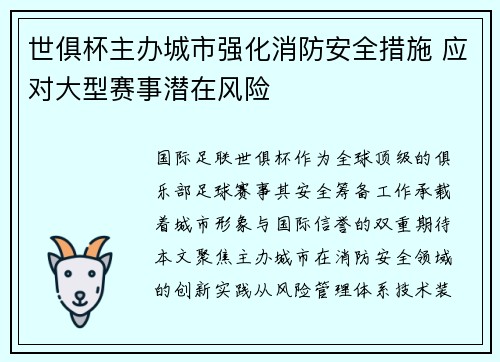 世俱杯主办城市强化消防安全措施 应对大型赛事潜在风险